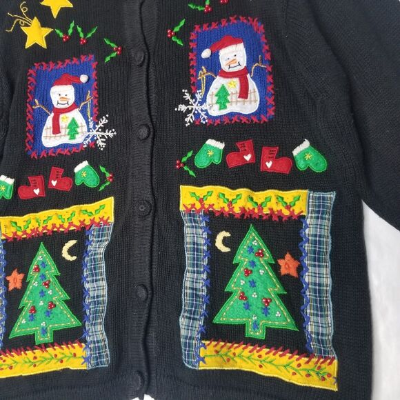 One Resource Womens Ugly Christmas Tree Sweater Cardigan Snowman Large - Picture 6 of 9